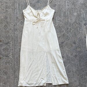 White Linen-Blend Lace-Up Slip Dress